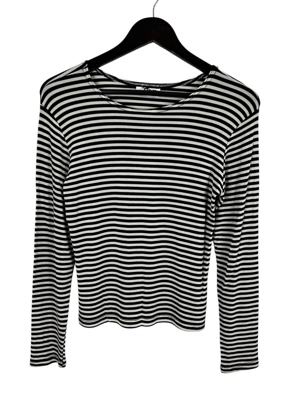 Striped Long-Sleeve Crewneck Top Black & White Size Medium